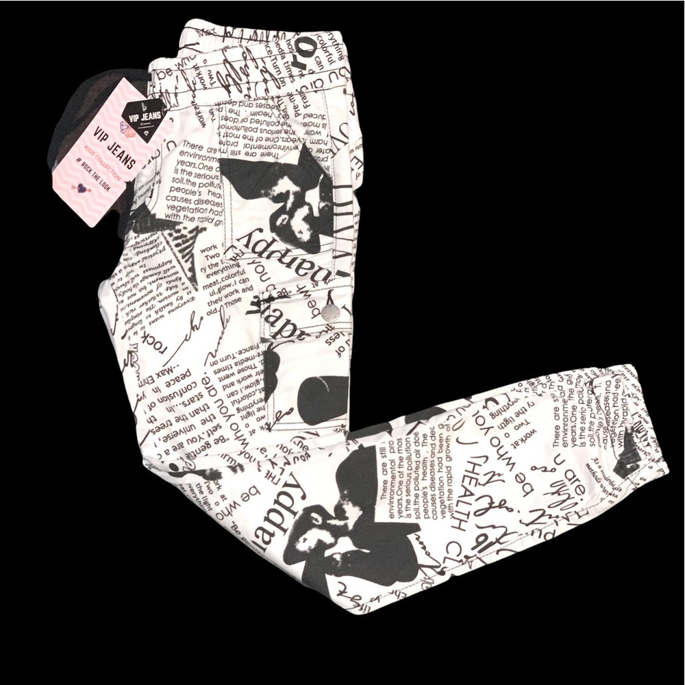 Girls newspaper style pants.